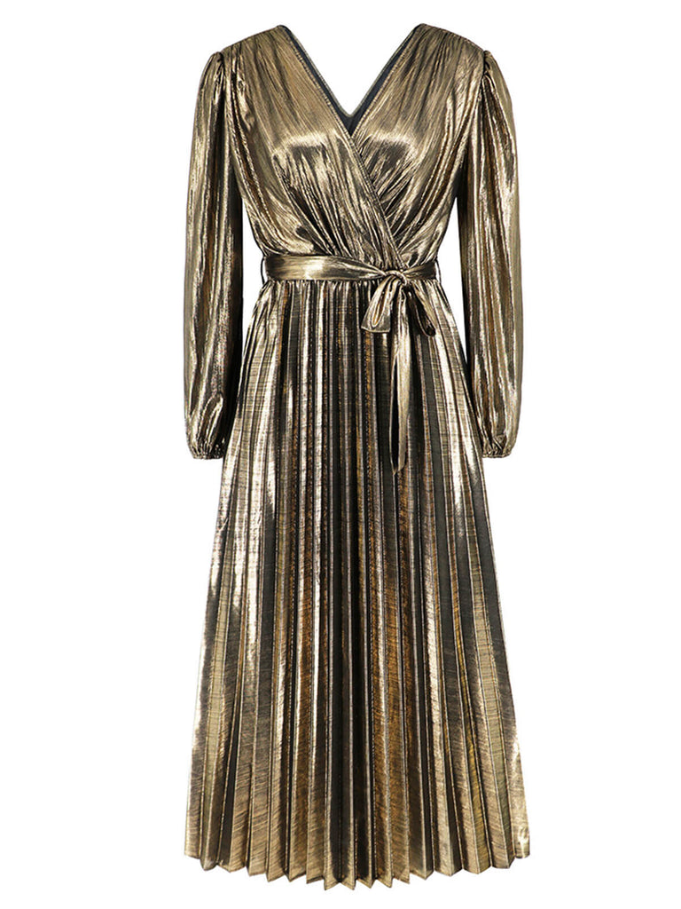 1940s Solid Glossy V-Neck Shift Dress