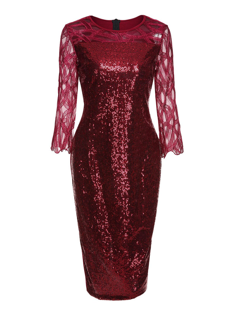 Wine Red 1960s Sequined Mesh Patchwork Pencil Dress