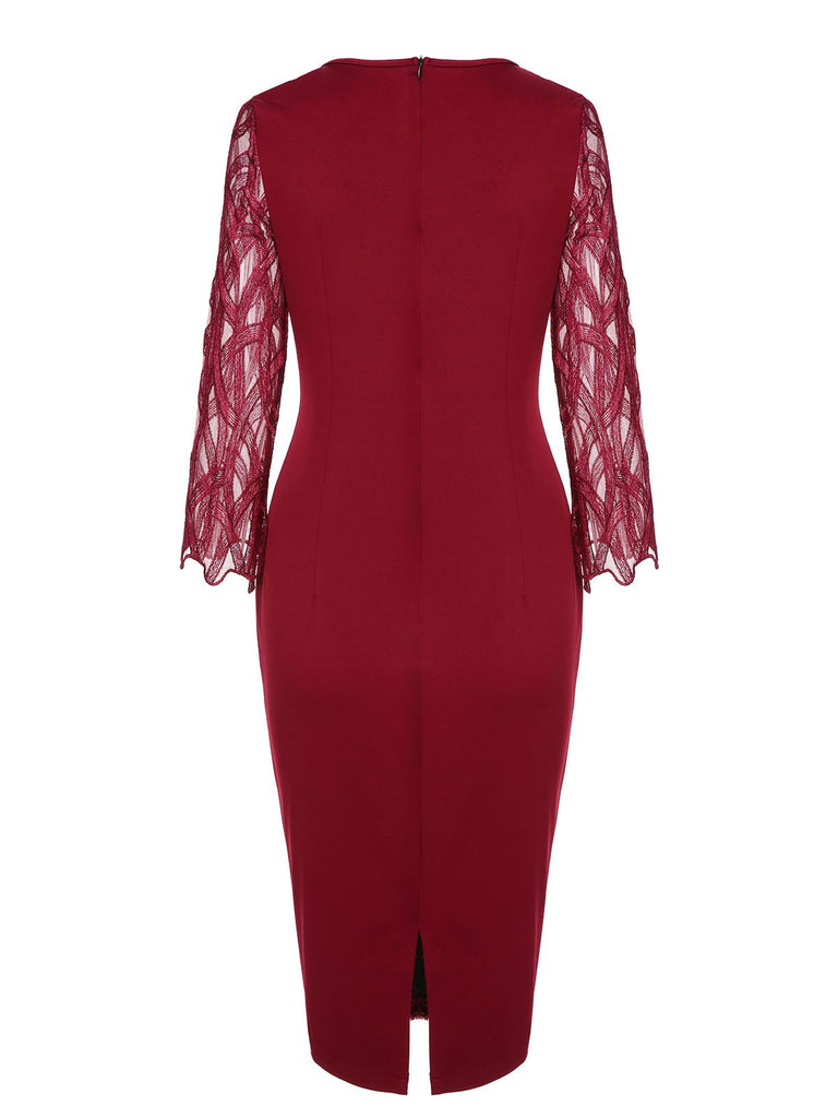 Wine Red 1960s Sequined Mesh Patchwork Pencil Dress