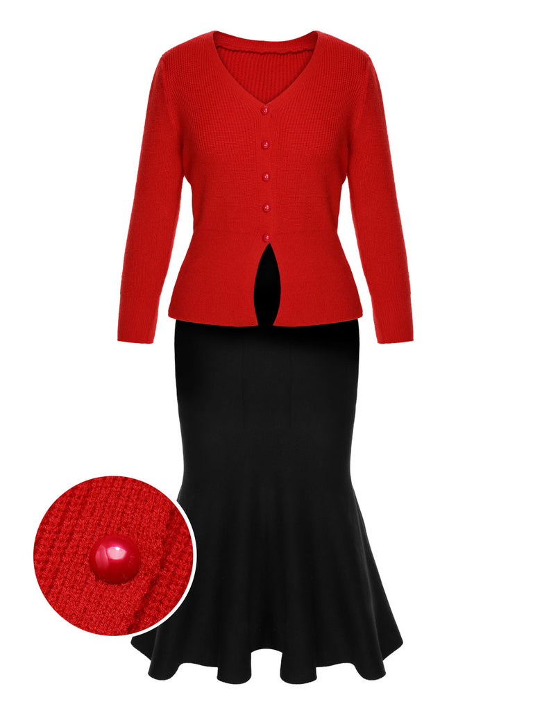 2PCS 1930s Red Knit Sweater & Black Fishtail Skirt