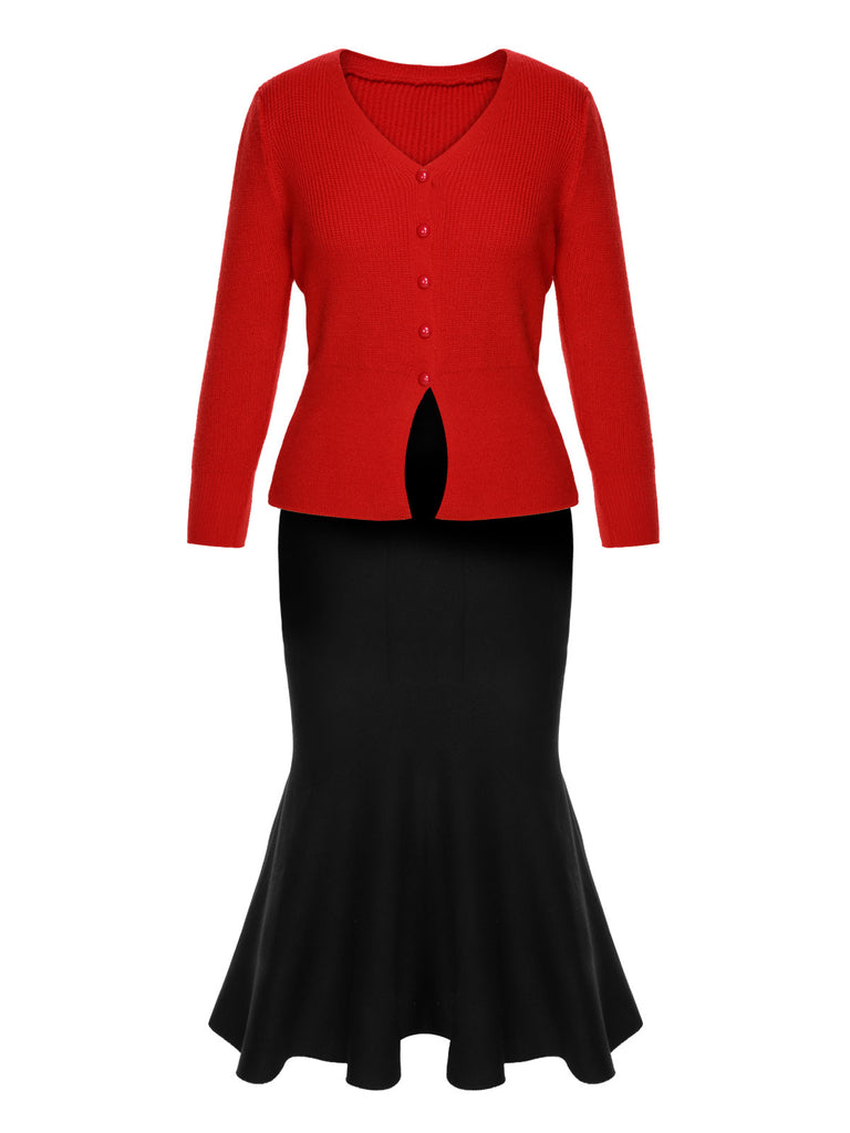 2PCS 1930s Red Knit Sweater & Black Fishtail Skirt