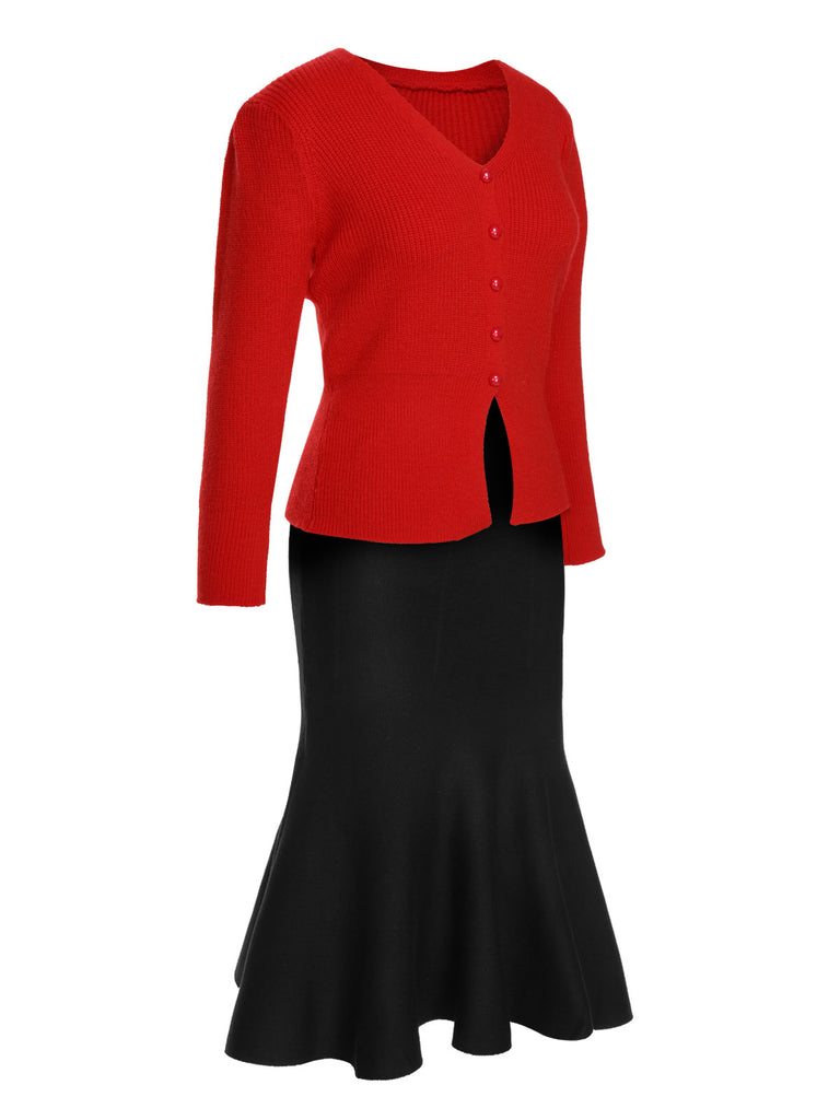 2PCS 1930s Red Knit Sweater & Black Fishtail Skirt