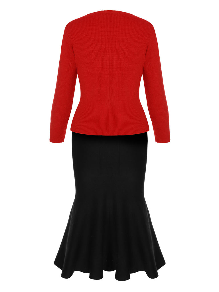 2PCS 1930s Red Knit Sweater & Black Fishtail Skirt