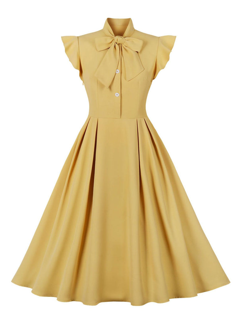 1950s Solid Ruffle Sleeve Bow Neck Dress