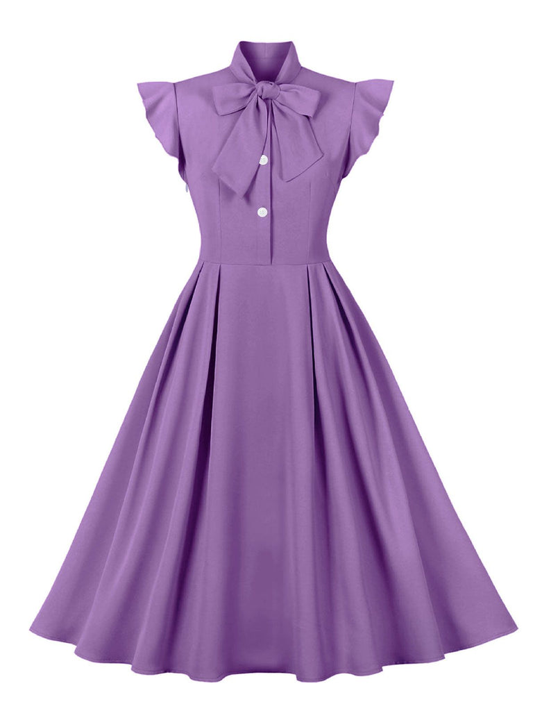 1950s Solid Ruffle Sleeve Bow Neck Dress