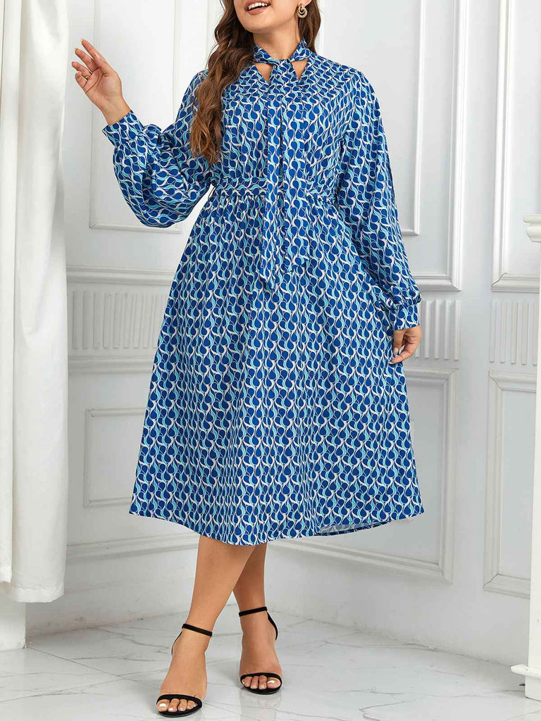 [Plus Size] Blue 1940s Lace Up Puff Sleeve Dress
