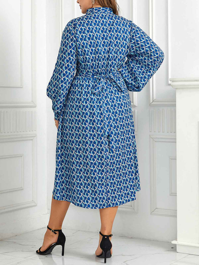 [Plus Size] Blue 1940s Lace Up Puff Sleeve Dress