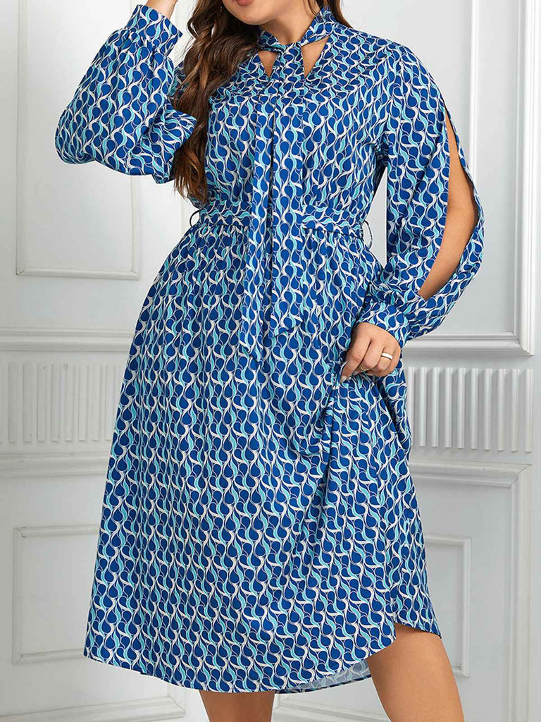 [Plus Size] Blue 1940s Lace Up Puff Sleeve Dress