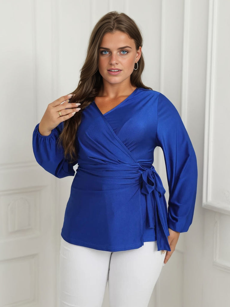[Plus Size] Blue 1940s V-Neck Tie Long Sleeve Blouse
