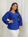 [Plus Size] Blue 1940s V-Neck Tie Long Sleeve Blouse