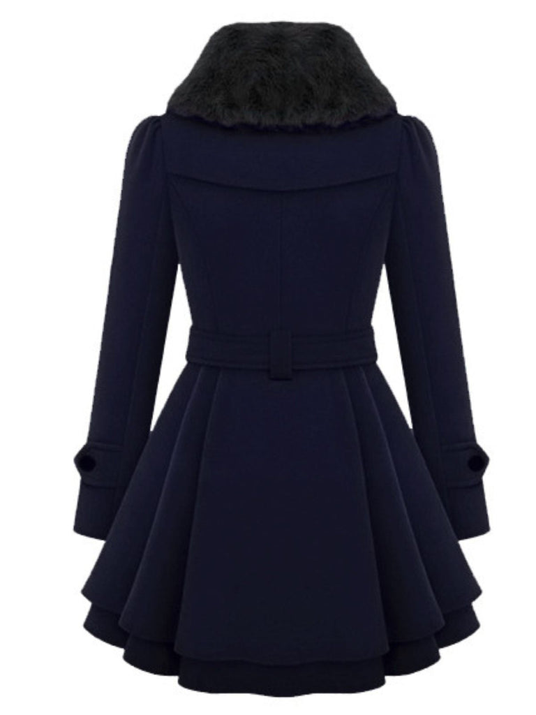 Christmas Fur Collar Waisted Woolen Coat