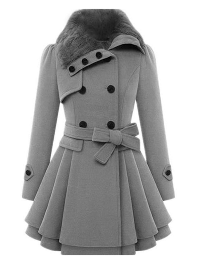 Christmas Fur Collar Waisted Woolen Coat