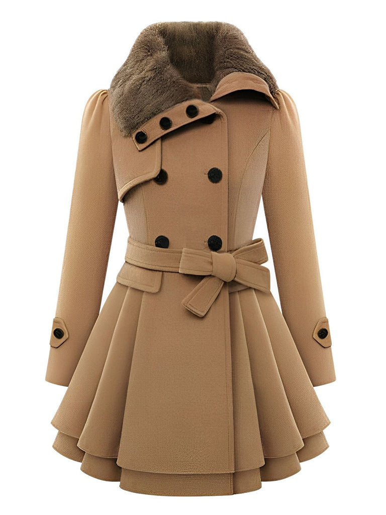 Christmas Fur Collar Waisted Woolen Coat