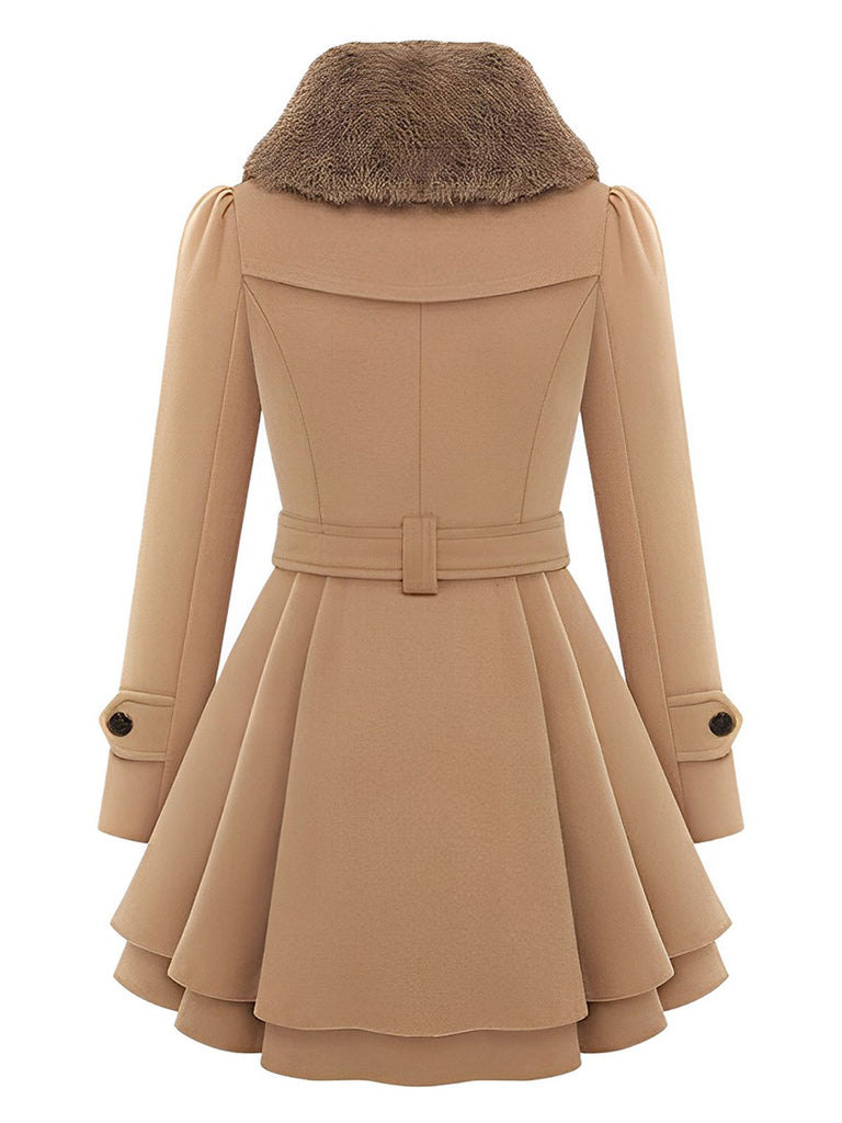Christmas Fur Collar Waisted Woolen Coat
