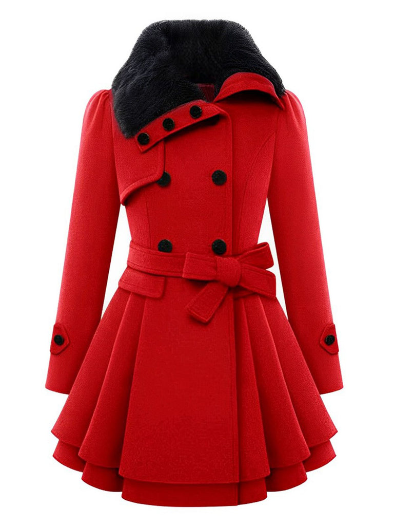 Christmas Fur Collar Waisted Woolen Coat