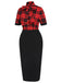 Red & Black 1960s Plaid Bow Collar Pencil Dress