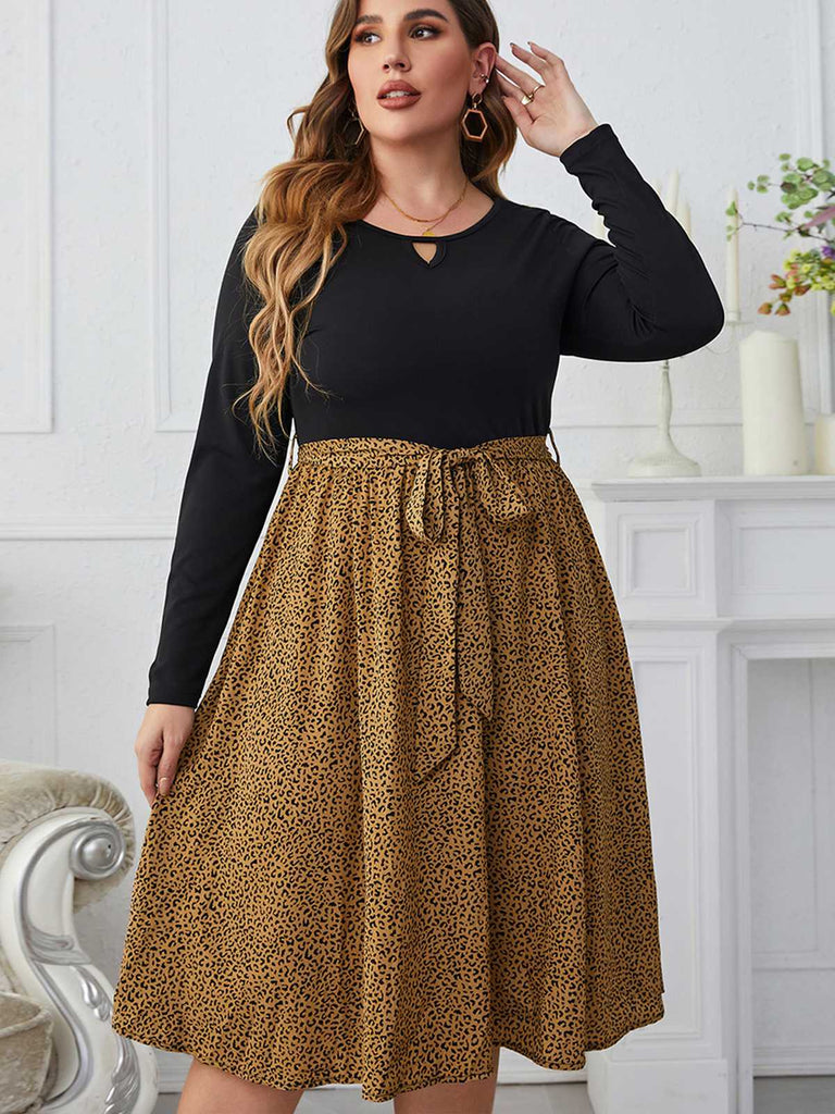 [Plus Size] Black 1950s Leopard Long Sleeve Dress