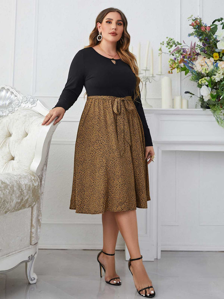 [Plus Size] Black 1950s Leopard Long Sleeve Dress