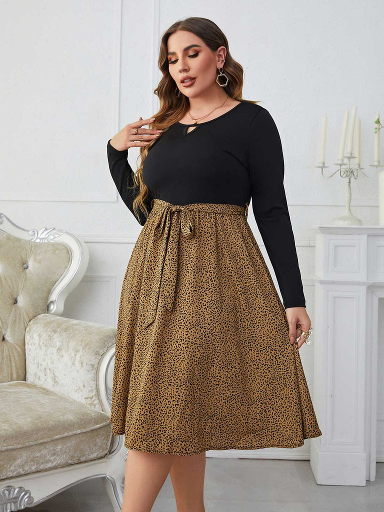 [Plus Size] Black 1950s Leopard Long Sleeve Dress