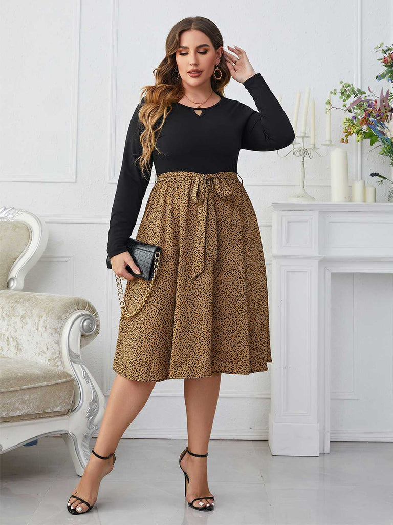 [Plus Size] Black 1950s Leopard Long Sleeve Dress