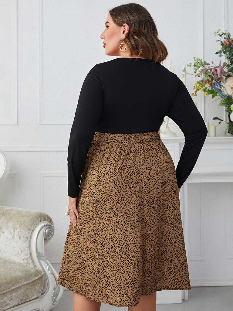 [Plus Size] Black 1950s Leopard Long Sleeve Dress