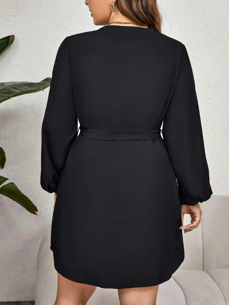 [Plus Size] Black 1940s Geometric V-Neck Patchwork Dress