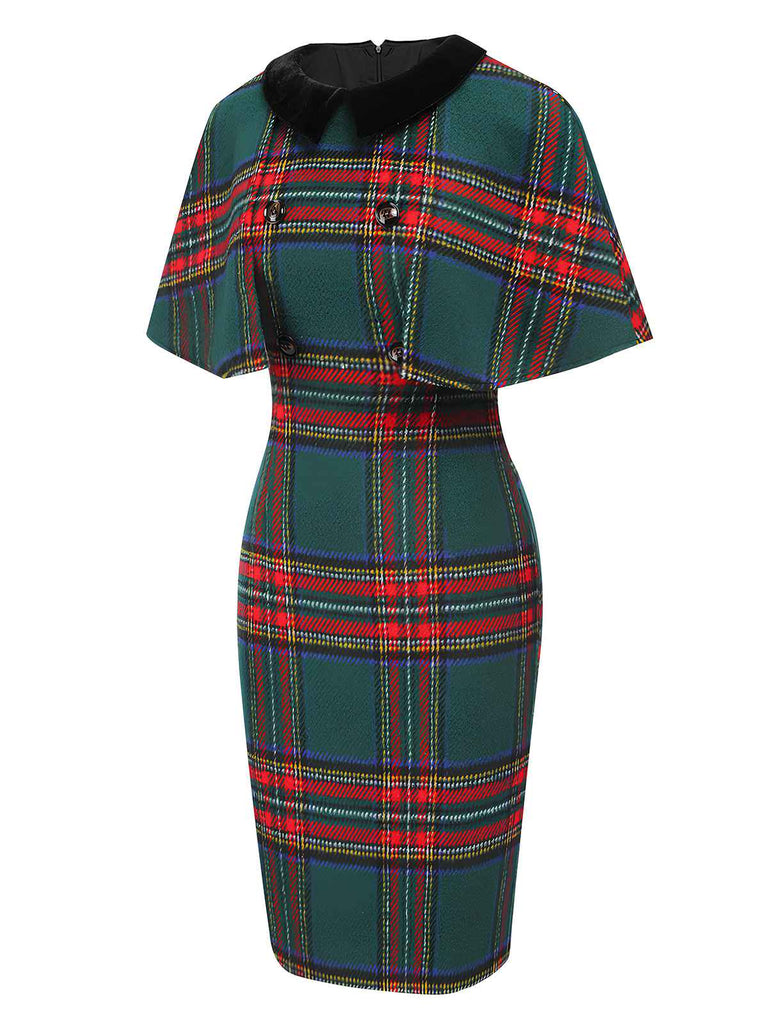 1960s Plaid Cloak Sleeve Velvet Collar Dress