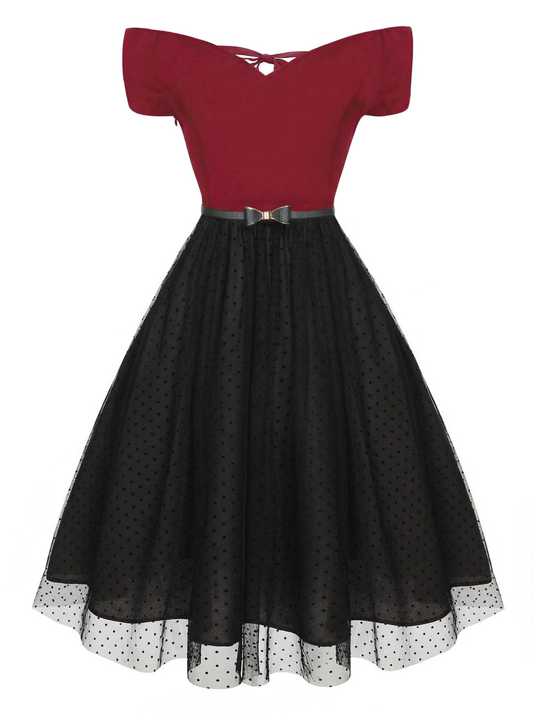 [Pre-Sale] Red 1950s Polka Dots Drop Shoulder Belt Dress