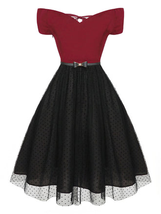 [Pre-Sale] Red 1950s Polka Dots Drop Shoulder Belt Dress