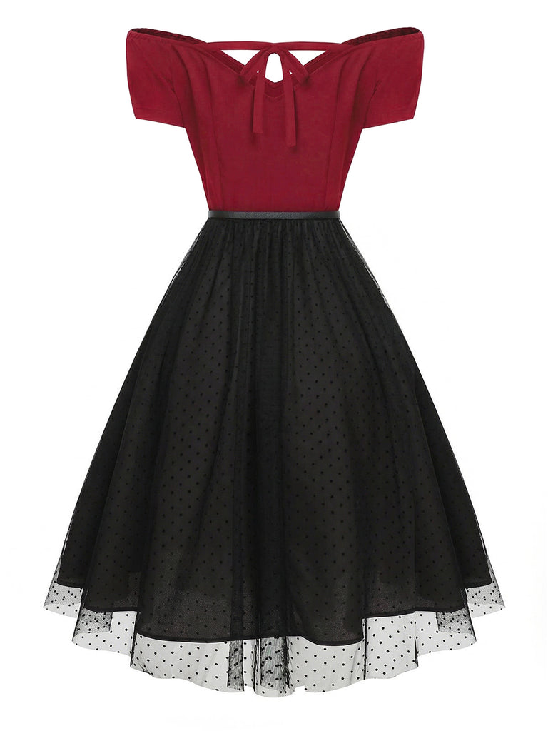 [Pre-Sale] Red 1950s Polka Dots Drop Shoulder Belt Dress