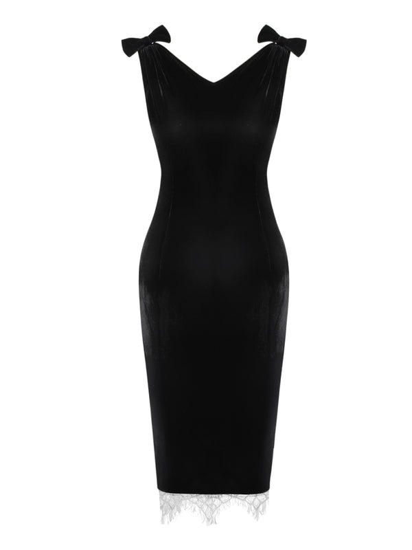 Retro Stage Black Velvet V-neck Sleeveless Sheath Midi Dress,L