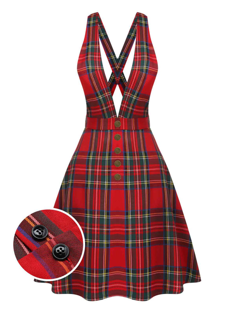 Red 1950s Plaids Buttoned Strap Dress