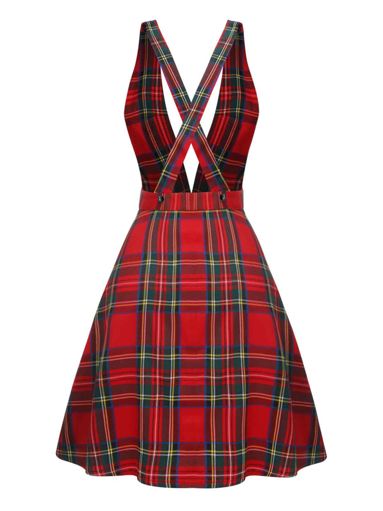 Red 1950s Plaids Buttoned Strap Dress