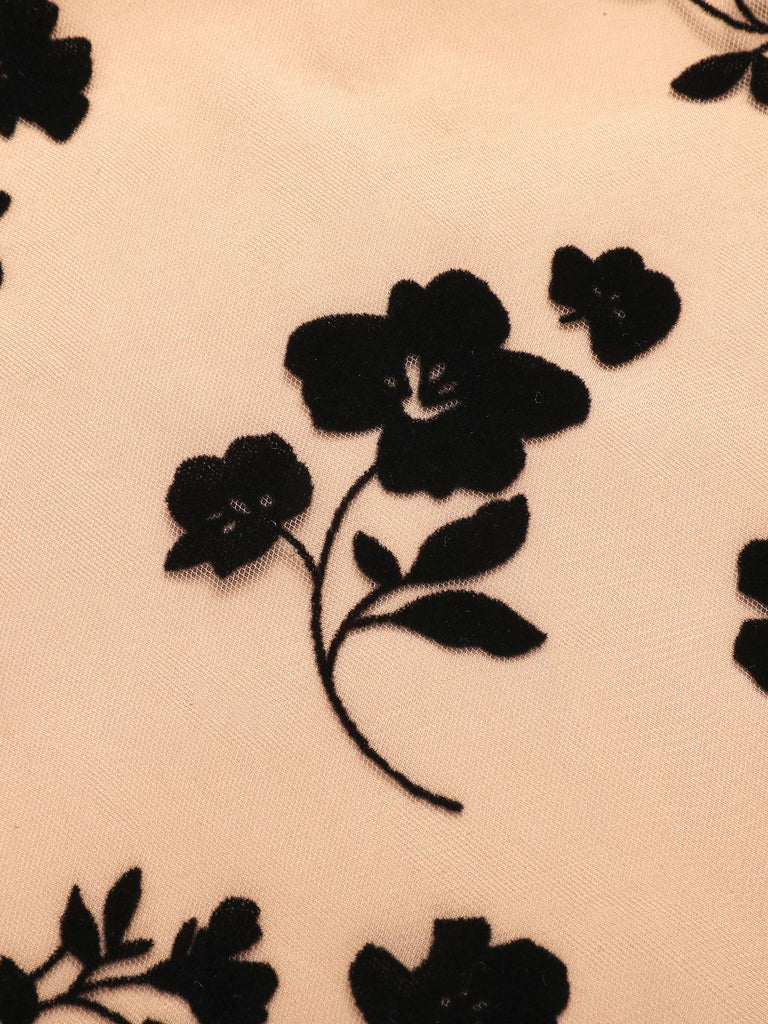 Beige 1950s Floral Mesh Patchwork Belt Dress