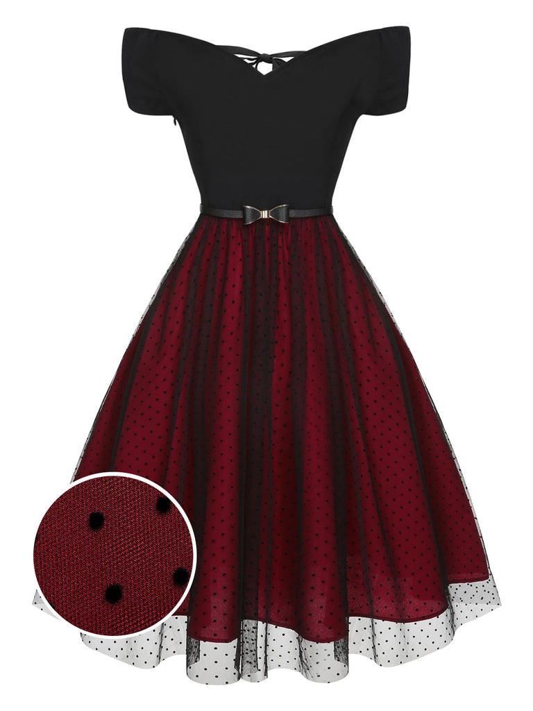 Wine Red 1950s Polka Dots Drop Shoulder Belt Dress