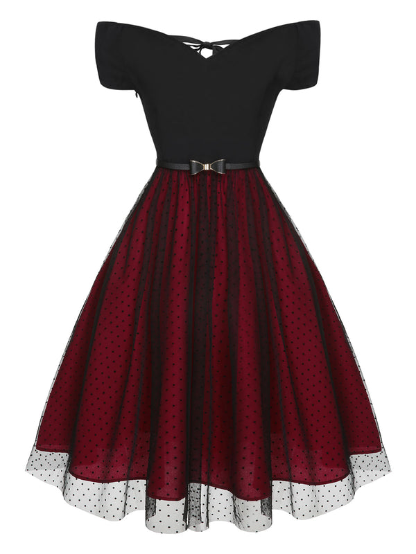 A-line Cocktail Polka Dots Drop Shoulder Belt Dress Wine Red