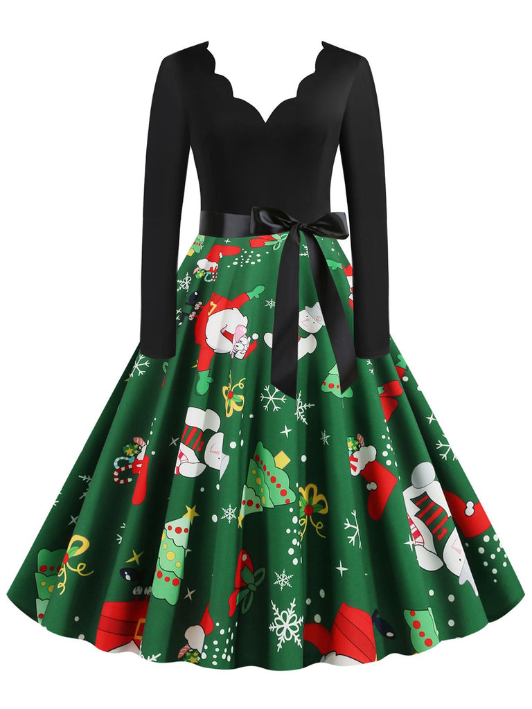 Christmas 1950s V-Neck Patchwork Swing Dress