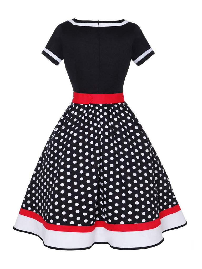 Multicolor 1950s Polka Dots Patchwork Belted Dress