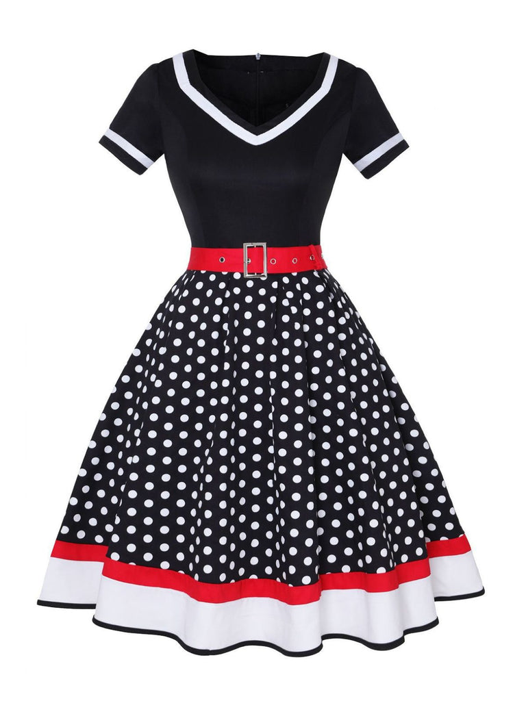 Multicolor 1950s Polka Dots Patchwork Belted Dress