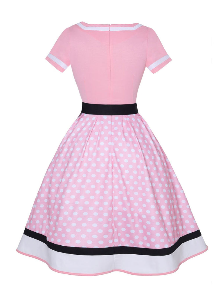 Multicolor 1950s Polka Dots Patchwork Belted Dress