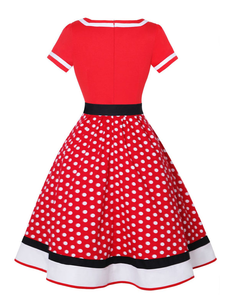 Multicolor 1950s Polka Dots Patchwork Belted Dress