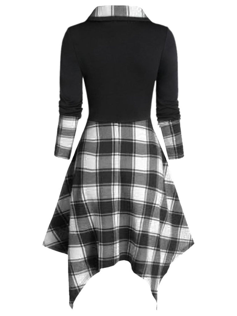 1950s Lapel Single Breasted Plaids Patchwork Dress