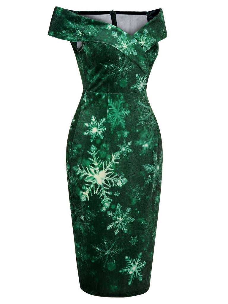 Green 1960s Christmas Snowflake Off-Shoulder Dress