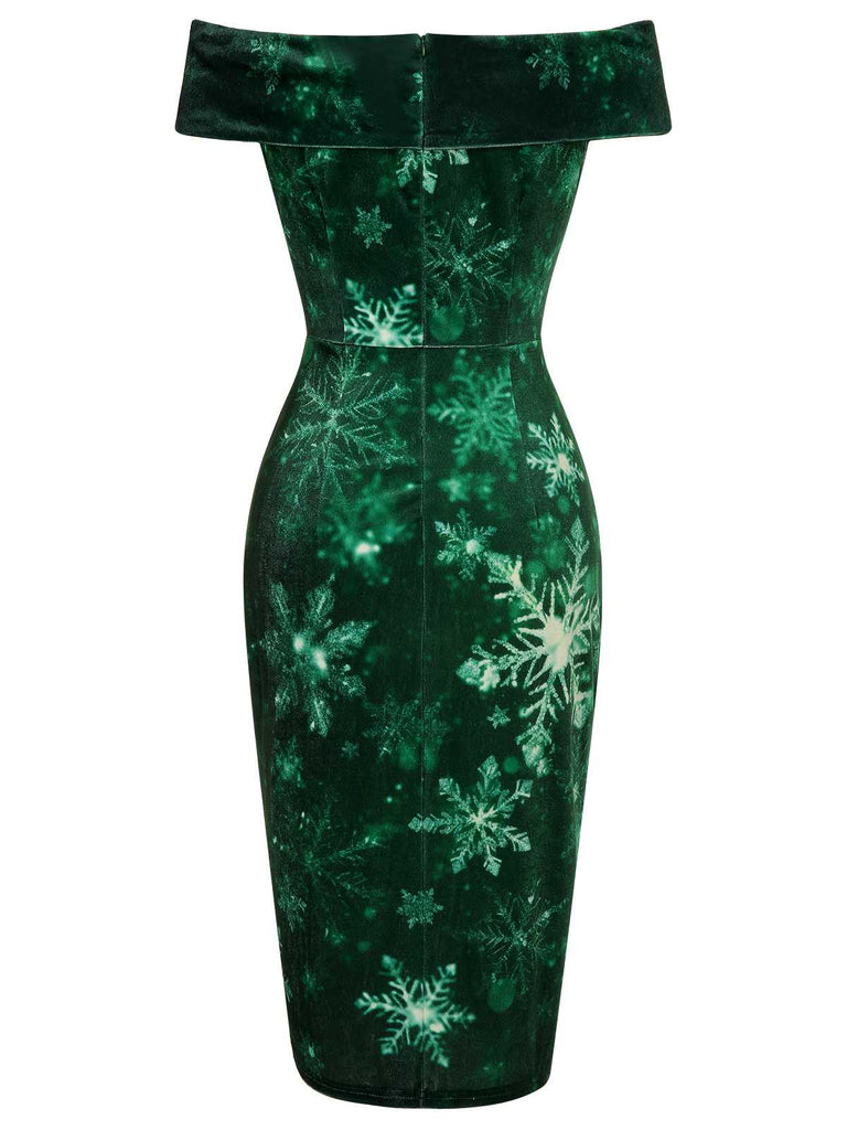 Green 1960s Christmas Snowflake Off-Shoulder Dress