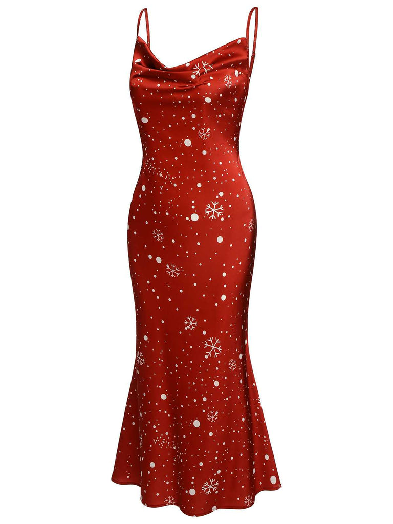 Red 1930s Christmas Strap Snowflake Mermaid Dress