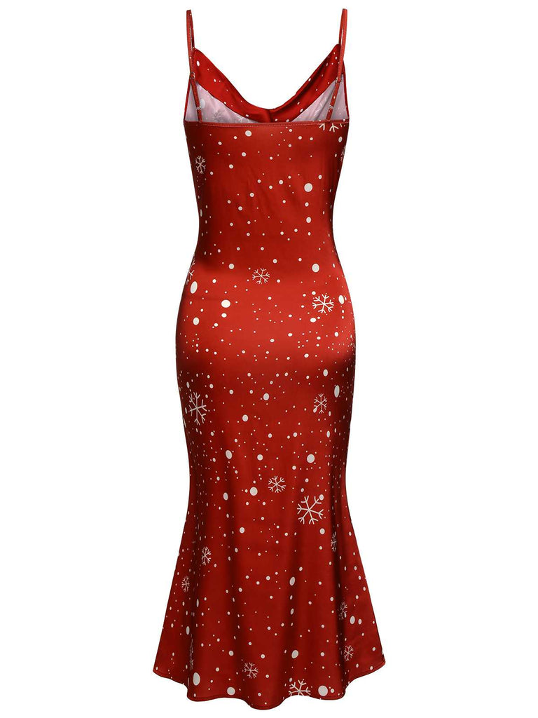 Red 1930s Christmas Strap Snowflake Mermaid Dress