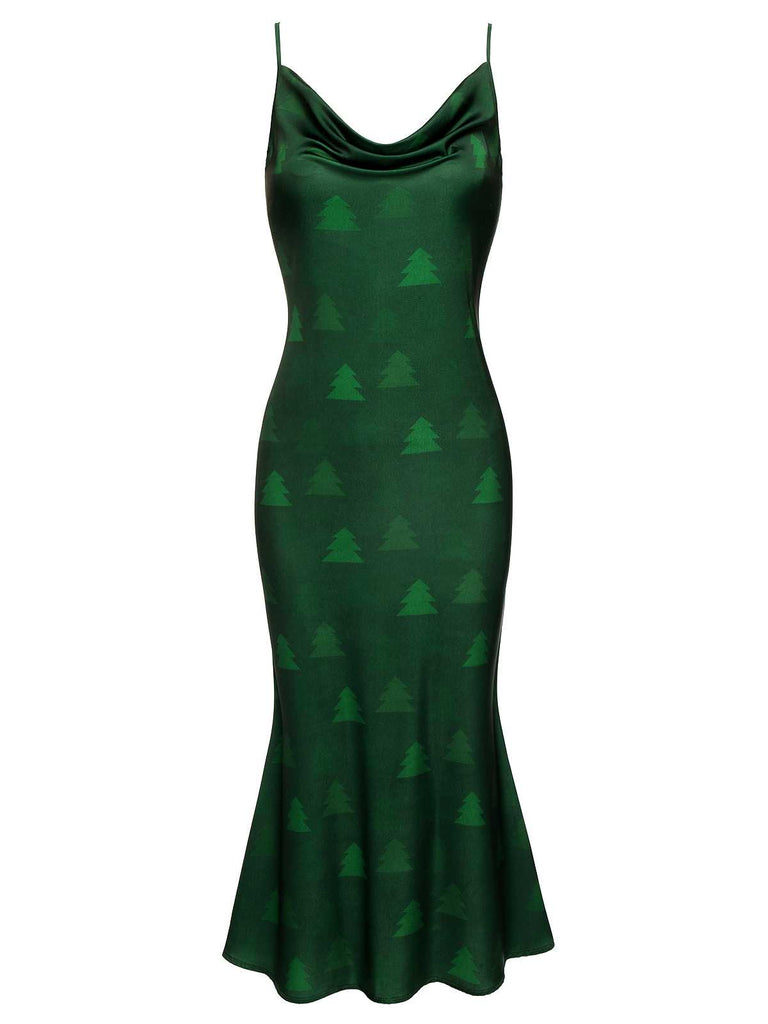 Green 1930s Christmas Tree Suspender Fishtail Dress