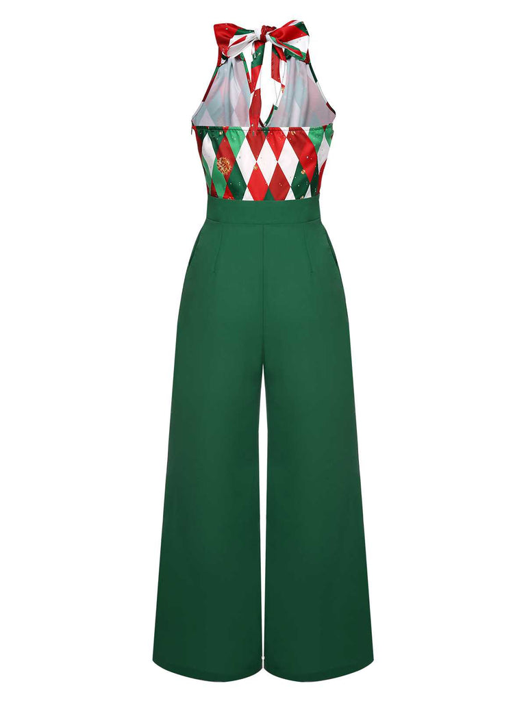 Red 1930s Christmas Plaid Lace Patchwork Jumpsuit