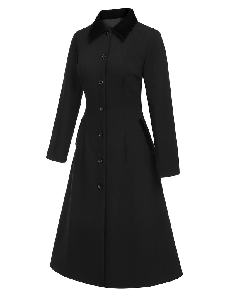 Black 1940s Solid Button Down Collar Lapel Coat | Retro Stage