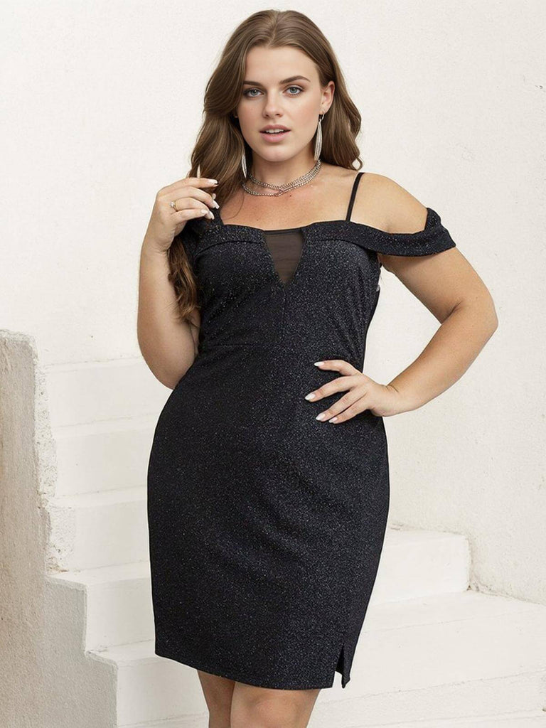 [Plus Size] Black 1960s Glitter Off-Shoulder Strap Dress